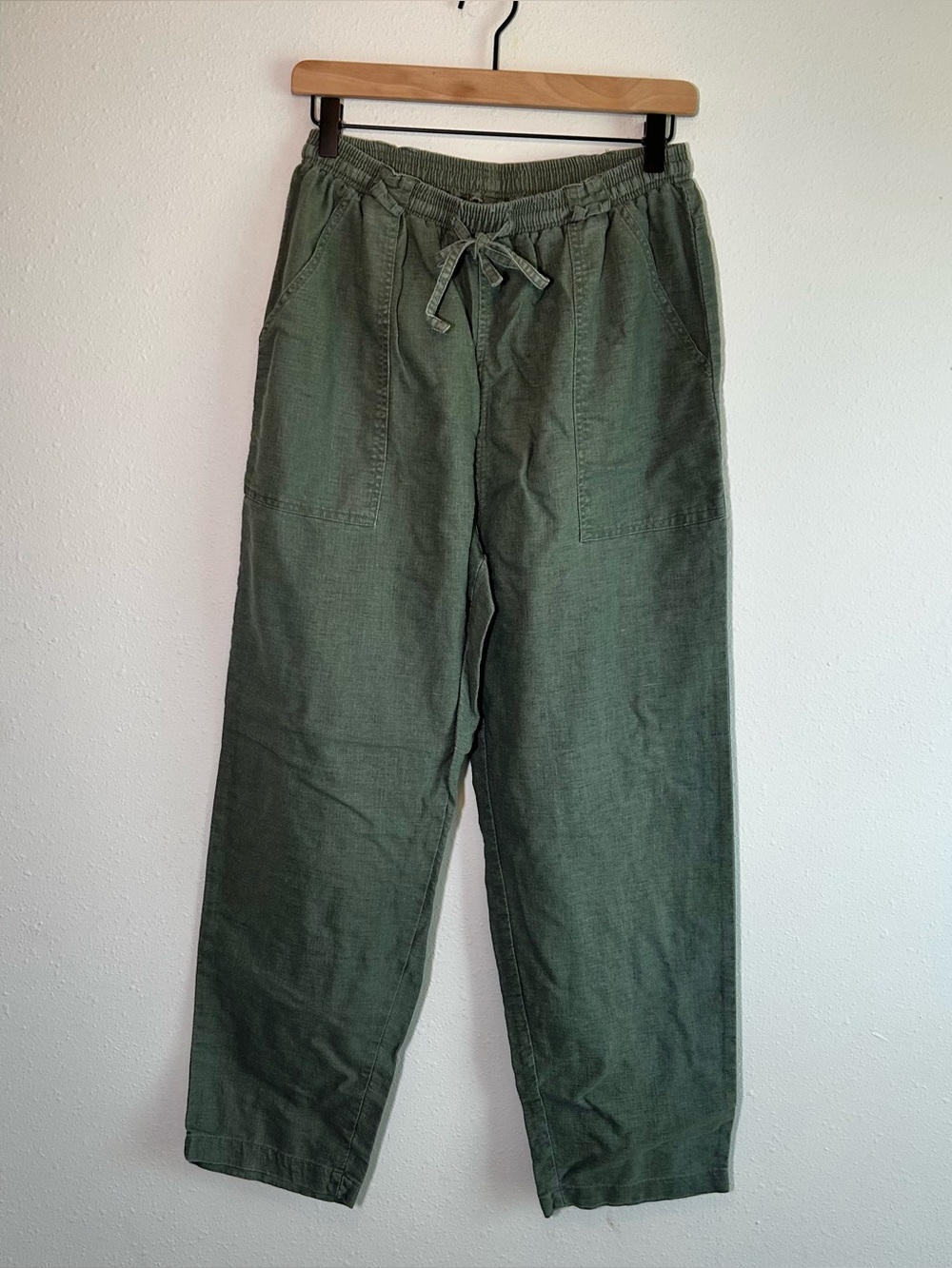 Erika Linen Cotton Pants High Rise Green Women’s M Vtg Wide Leg Pull On Elastic